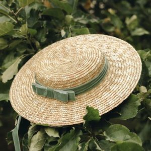 Rose Cherie Paris x Shirinatra Anne Small Boater Hat with Sage Green Ribbon